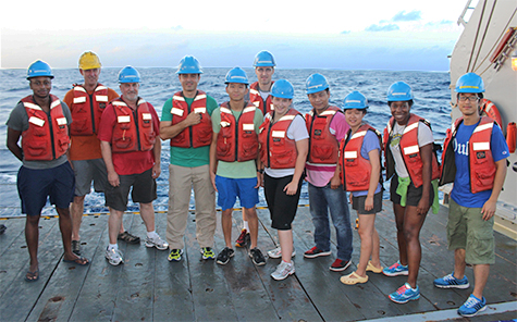 Nettie (second from right) and other researchers aboard the R/V Atlantic Explorer.
