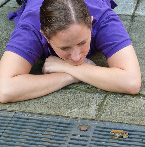 Emily (formerly, Rentals) says hello to a green frog in front of the Butterfly House.