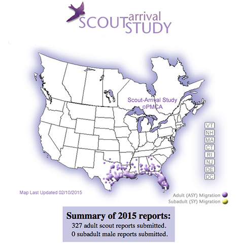 Purple martin arrivals (map from Purple Martin Conservation Association website).